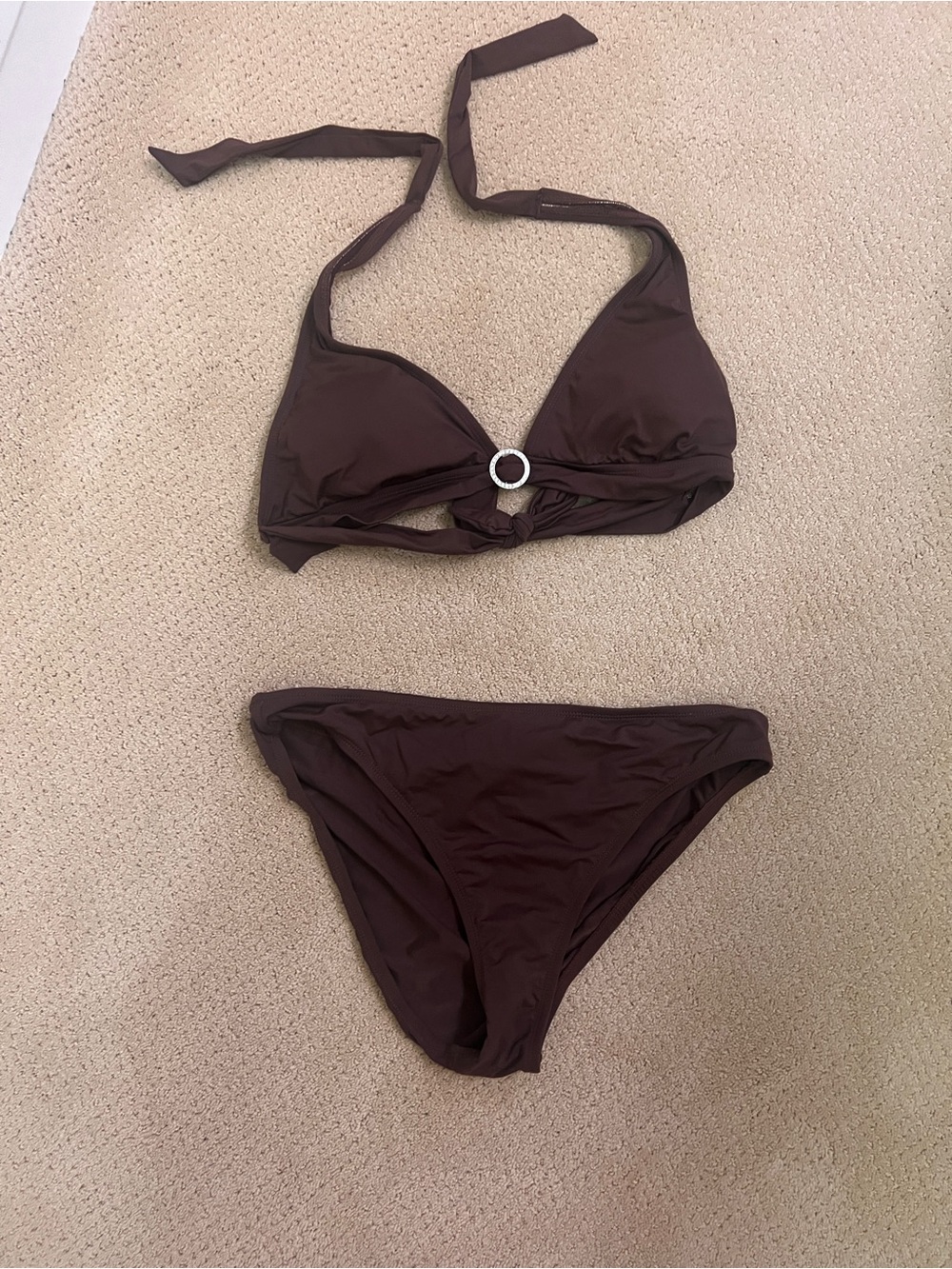 Classic Brown Halter Bikini Set with Decorative Ring
